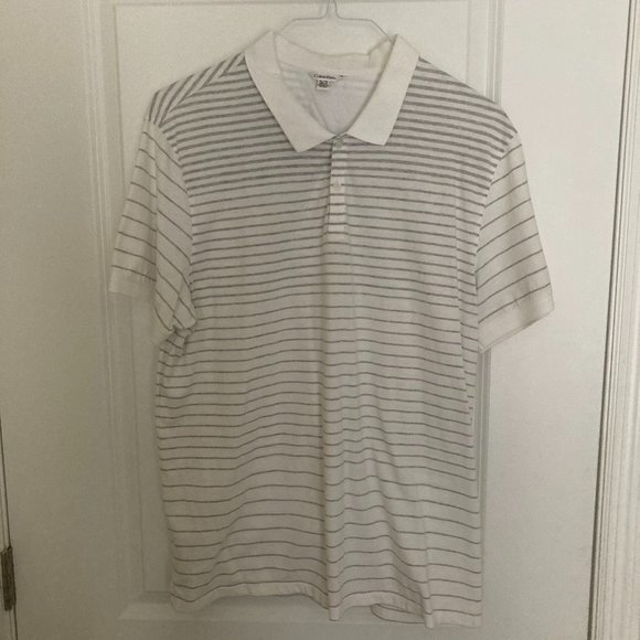 Calvin Klein Men's White and Grey Striped Short Sleeve Polo Shirt - Size XL - Picture 1 of 4